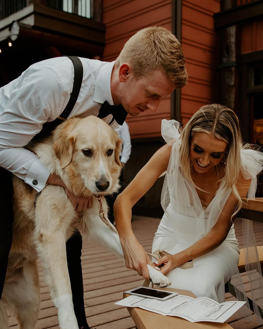 狗狗可以留下爪印在結婚證書上。（圖／Instagram ＠ feliciarenaephotography）