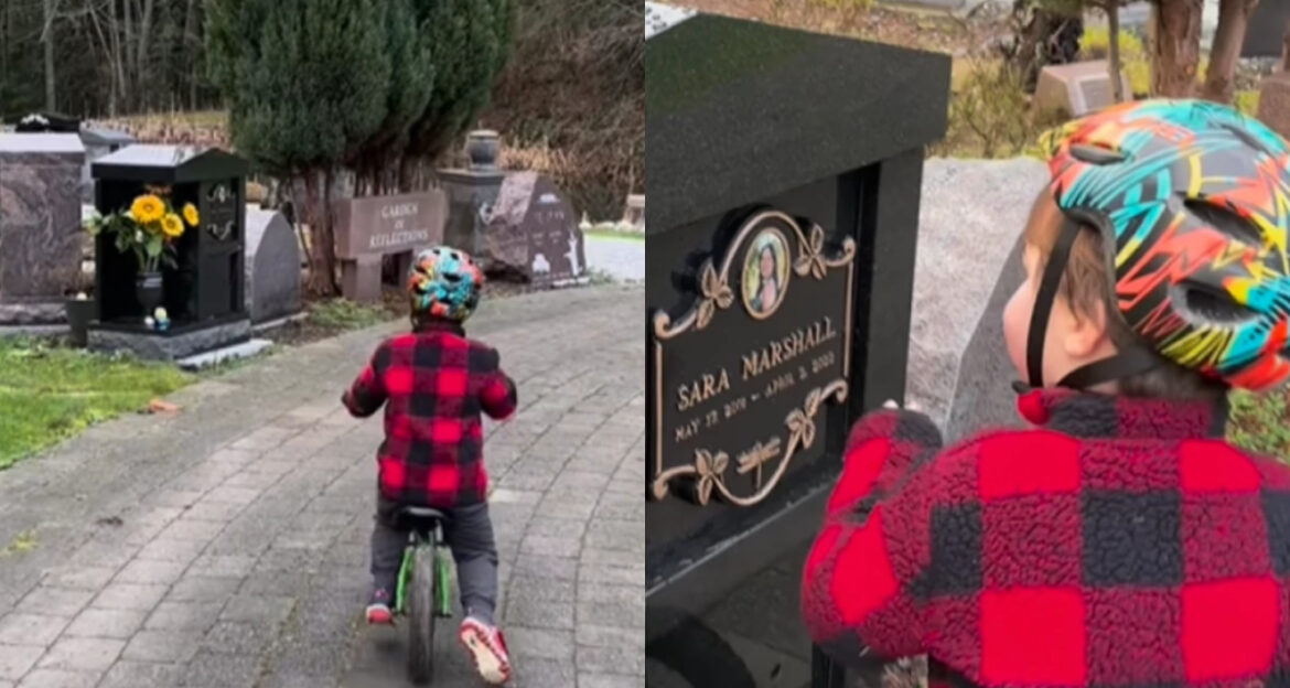 小男孩經常到媽媽的墓碑前，表達他的思念。（圖／adventureswithgrandmama IG）