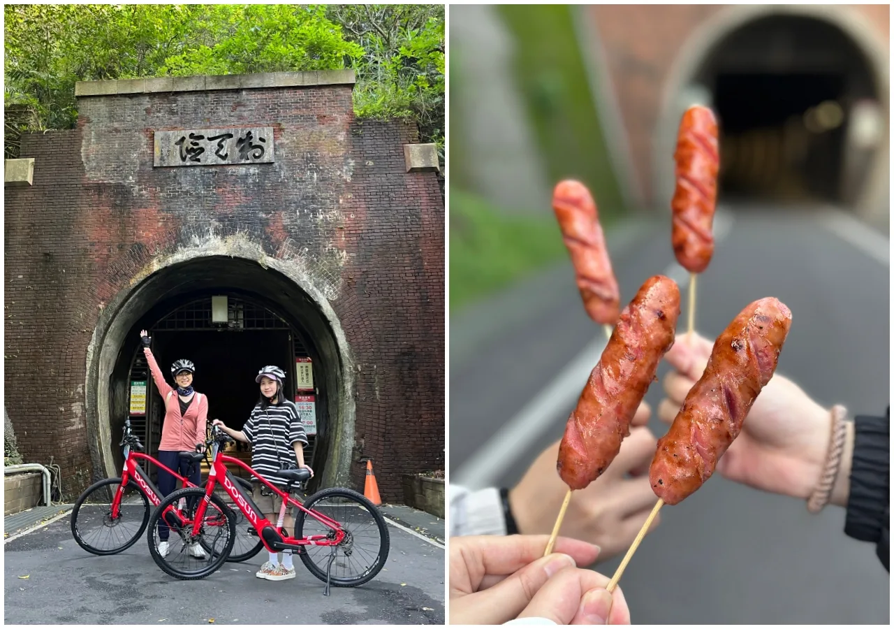 gogo 從舊草嶺隧道北口騎乘到南口後有美味烤香腸補充體力。(圖/iLady 編輯團隊)