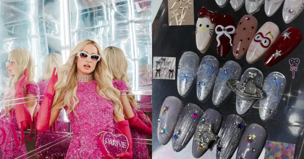 Y2K 美甲風格來襲！童年泡泡糖色＋亮片潮　2000 年代的懷舊列車妳一定要搭上(圖：IG@parishilton、IG@__nailsz_）
