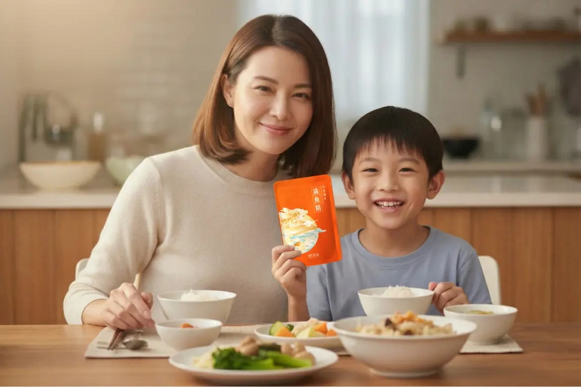 面對孩子挑食不吃魚，爸媽選擇滴魚精作為替代方案。(圖：芳茲生技提供)