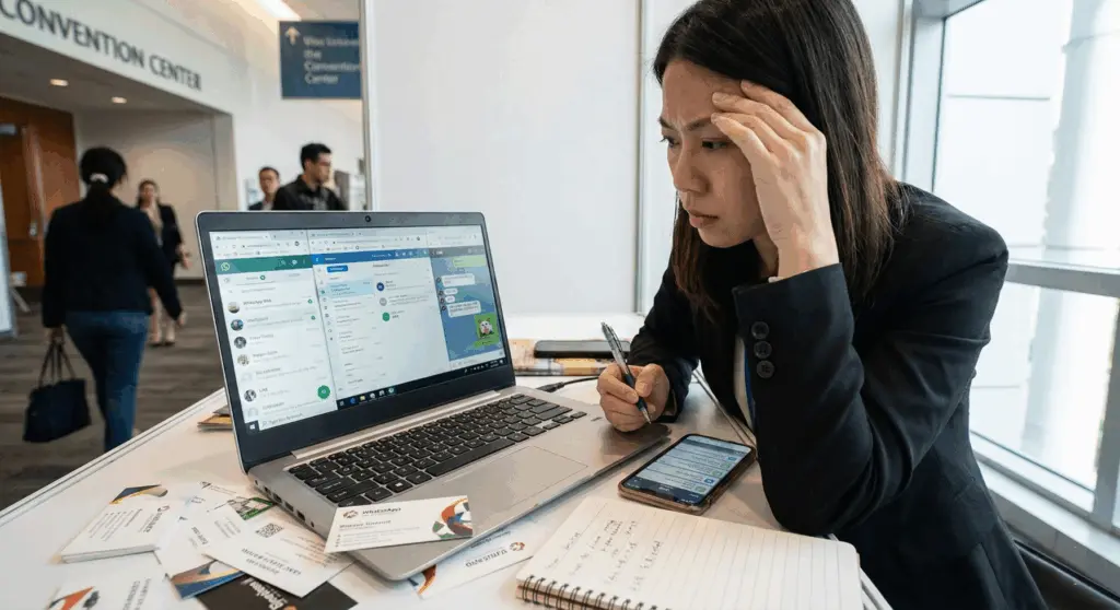 跨平台溝通與零散紀錄讓展後整理與追蹤變得困難,是台廠海外參展成效難以放大的關鍵原因之一。(AI 生成)