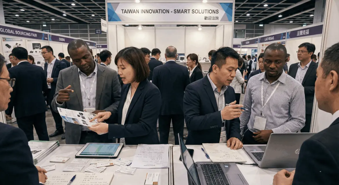 國際展會現場繁忙緊湊，語言與資料處理常成為台廠推進海外商機的隱形挑戰。（AI 生成）