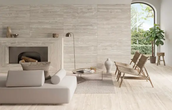 羅特麗磁磚引進Mirage全新「Linea系列」以細緻立體壓紋展現光影層次，打造溫潤的現代生活空間風格。（圖／羅特麗磁磚提供）