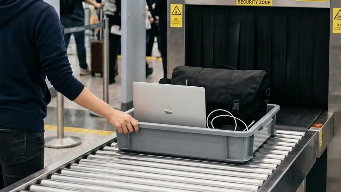 在機場安檢區，筆電、平板與行動電源需在短時間內取出檢查。（圖片來源：倍勁官網）