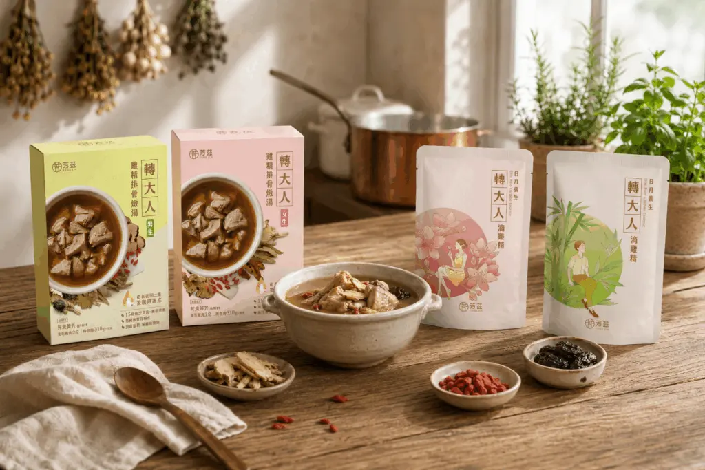 芳茲推出轉大人滴雞精與轉大人雞精排骨燉湯，提供青春期孩子日常營養補給選擇 。(圖/芳茲生技)