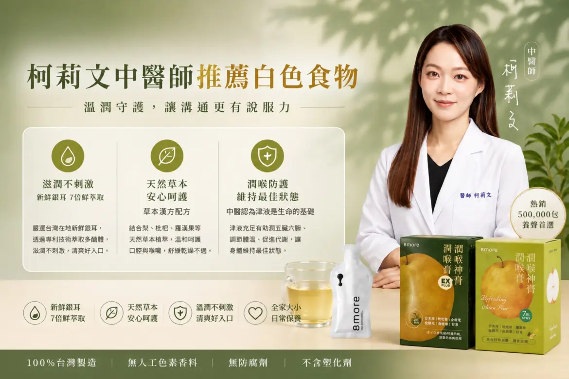 台灣第一家白木耳飲專賣品牌 8more 邀請柯莉文中醫師，解析女性長期水分攝取不足的身體訊號。（圖／8more 提供）
