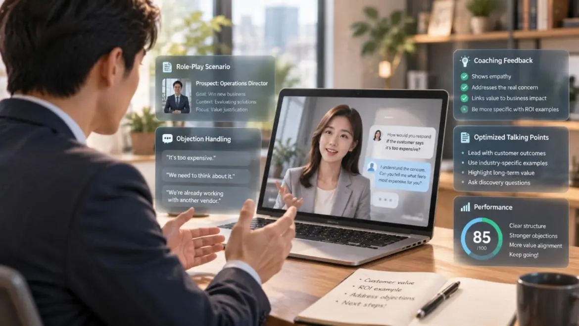 DIALEAD 可結合企業知識庫與情境演練，協助業務人員練習反對處理與話術優化。圖片來源：AI 生成，山穎科技提供