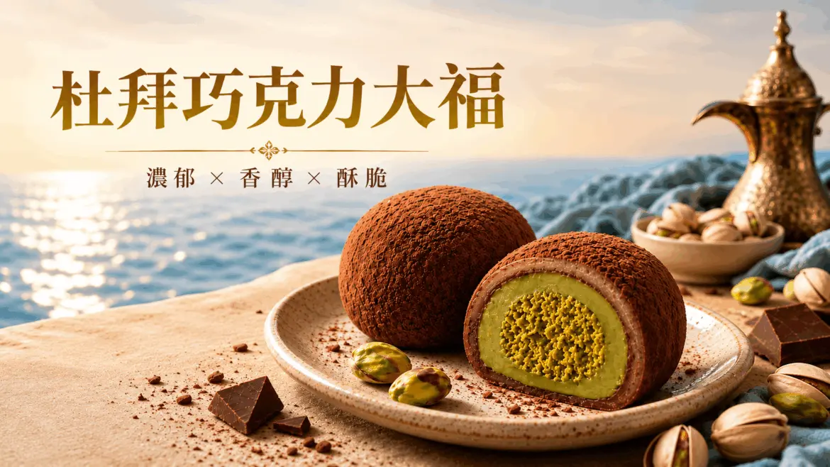 明月堂純米杵搗大福結合當紅杜拜巧克力與開心果，打造濃郁滑順的和菓子。（圖／AI生成_明月堂提供)